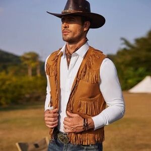 Coofandy Western Fringe Vest Brown Faux Suede Country Cowboy Biker Men's XL NWOT